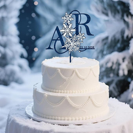 Customized Winter Wedding Cake Topper in Wood Personalized Bride & Groom's Initials and Wedding Date Cake Decoration with Snowflake