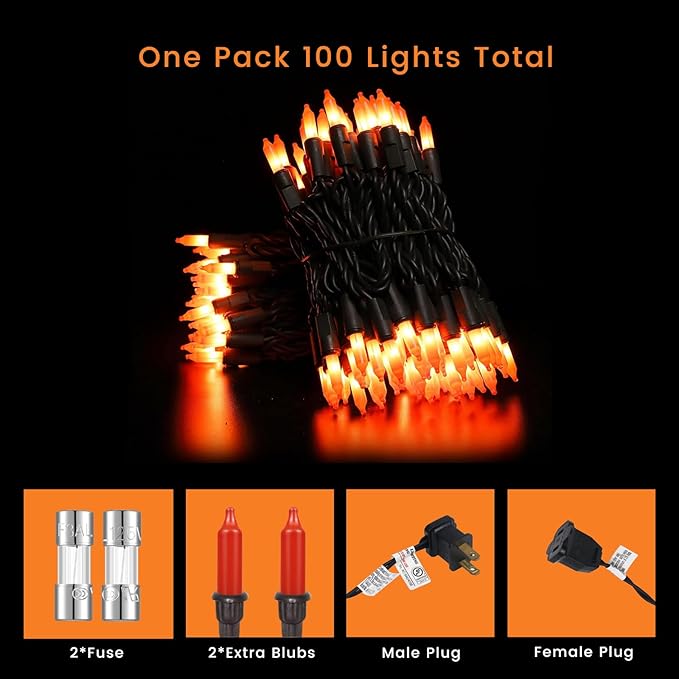 Halloween Decorations Orange String Lights – 100 Count Mini Incandescent, 26.5ft Black Wire, UL Listed Connectable Pumpkin Lights for Porch, Patio, Outdoor & Indoor Fall Decor