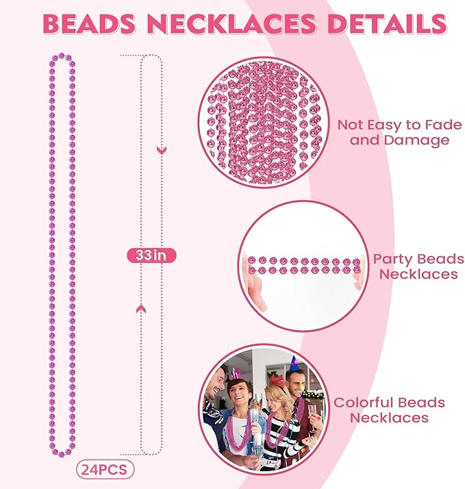SHAOQINLIN 24 PCS Pink Bead Necklaces, Pink Mardi Gras Beads, 33‘’ Round Cancer Beaded Necklace, Party Necklaces for Mardi Gras, Christmas, Valentine's Day Party Favors