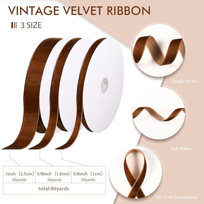 Yilloog 3/8'' 5/8'' 1'' 90 Yards Christmas Velvet Ribbon Vintage Satin Fabric Velvet Ribbon Roll for Christmas Tree Ornaments Decoration Gift Wrapping Bow DIY Crafts (Brown)