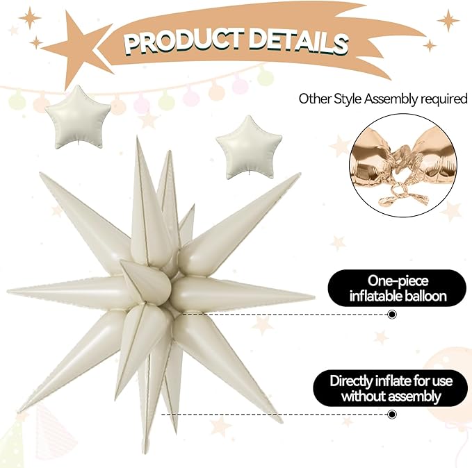 18 Pcs Cream Star Balloons, Caramel Brown Balloon with 6 Pcs 22-Inch Explosion Star Balloons 12Pcs 10-Inch Four Pointed Stars Foil Balloon for Boho Wedding Baby Shower Birthday Party Decoration
