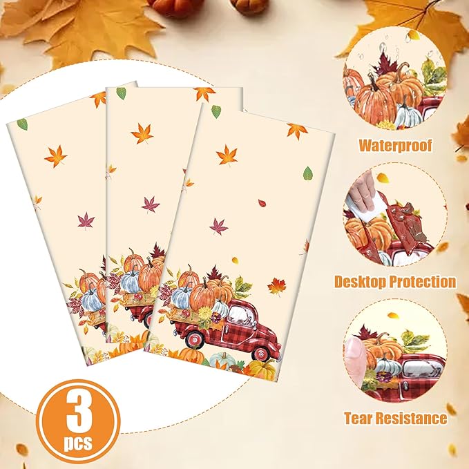 3Pcs Fall Pumpkin Truck Tablecloth, 54 x 108 Inch Thanksgiving Harvest Plastic Table Cover, Disposable Autumn Maple Leaf Table Cloth for Farmhouse Thanksgiving Fall Party Decorations