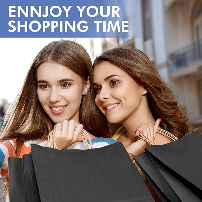 XPCARE 100Pack Large Kraft Paper Bags with Handles Bulk, 16x6x12 Inch Black Paper Bag Kraft Shopping Bags for Business Merchandise Wedding Party Favor Bag