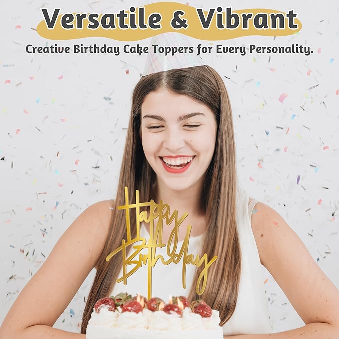 1PCS Gold Birthday Cake Topper, 5.3 x 7.2 Inches Acrylic Happy Birthday Cake Sign, Glitter Mirror Cake Topper Decorations for Anniversary, Bridal Shower, Birthday Party Supplies