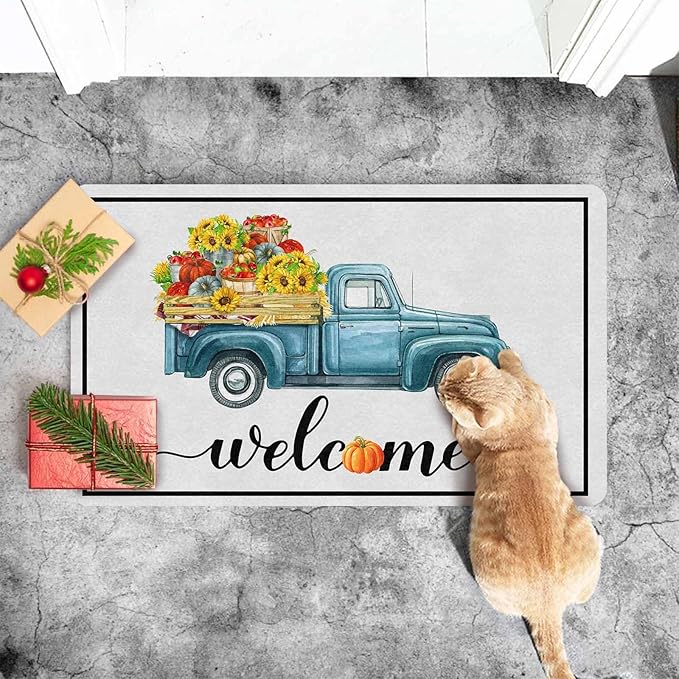 Happy-Thanksgiving Welcome Door Mat, Fall Truck Harvest Pumpkin Doormat for Front Door Outdoor Outside Entrance Porch Non Slip Rubber Rug Autumn Thanksgiving Farmhouse Decor, 24"x16"inch