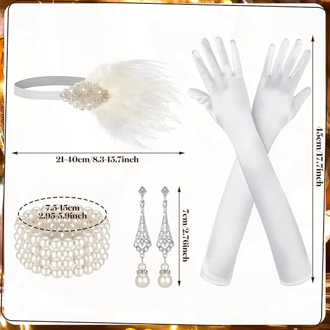 Maitys 1920s Accessories Set for Women Flapper Costume Feather Headband Necklace Bracelet Earrings