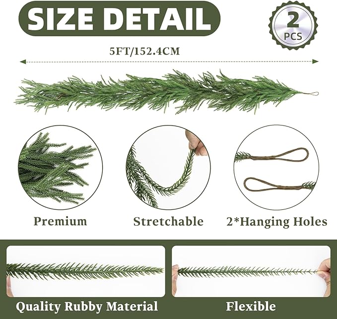 Artificial Norfolk Pine Garland,Real Touch Christmas Garland Fake Green Garland Decor for Fireplace,Table, Stairs, Mantle, Window,Indoor Outdoor,Home,Forest Holiday Xmas Decor (2 PCS,5 FT)