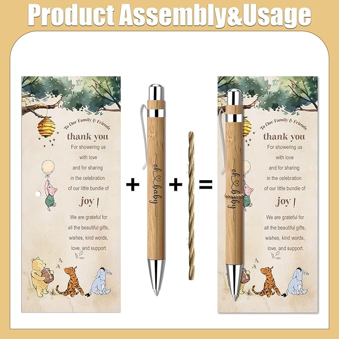 30 Pieces Baby Shower Gifts for Guests, Winnie Baby Shower Sets, Included Bamboo Pens Greeting Cards, Gender Reveal Souvenirs Prizes, Winnie Baby Shower Decor