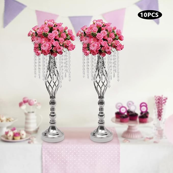 Wedding Centerpieces Gold Vases,10PCS Metal Flower Candle Holder with Sparkling Crystal Beads,Crystal Flower Vase Metal Flowers Stand for Party Tables Decorations (10pcs-Sliver-14cm)