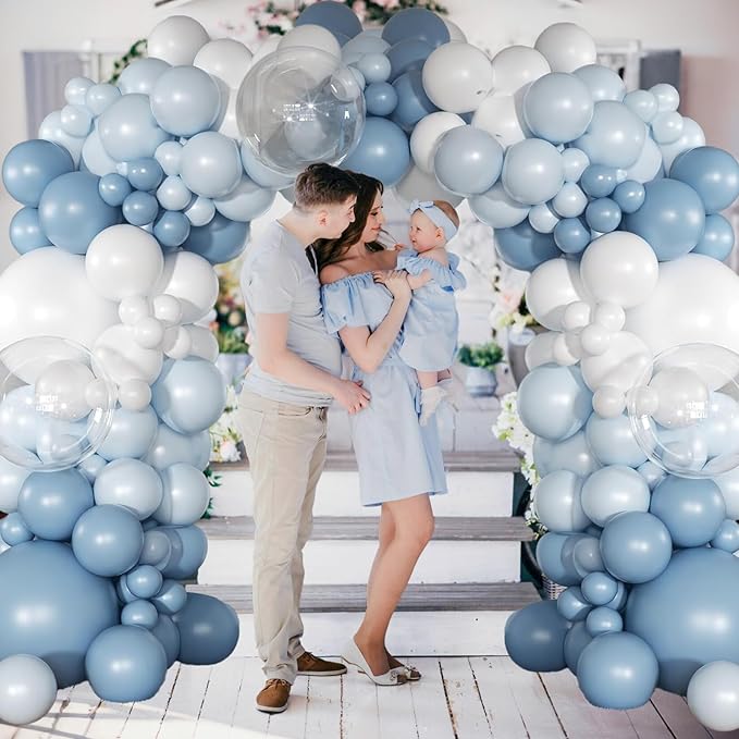 Dusty Blue Balloon, 12 inch Blue White Clear Balloon, Light Blue Macaron Blue Matte White Balloons with Transparent Balloons for Birthday Party Wedding Baby Shower Gender Reveal Decorations