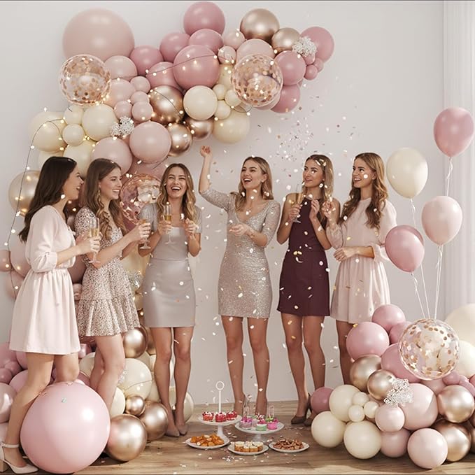 Dusty Pink and Rose Gold Balloon Arch Kit, 134pcs Double Stuffed Light Pink Dusty White Metallic Gold Confetti Balloons Garland Kits for Birthday Wedding Baby Shower Bridal Party Decorations
