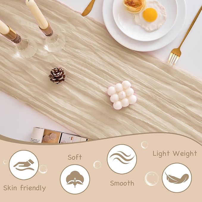 10 Pack Beige Table Runner 120 Inch Cheesecloth Table Runner 10FT Rustic Boho Gauze Table Runner Long Cheese Cloth Table Runner Semi Sheer Runners for Wedding Bridal Baby Shower Party