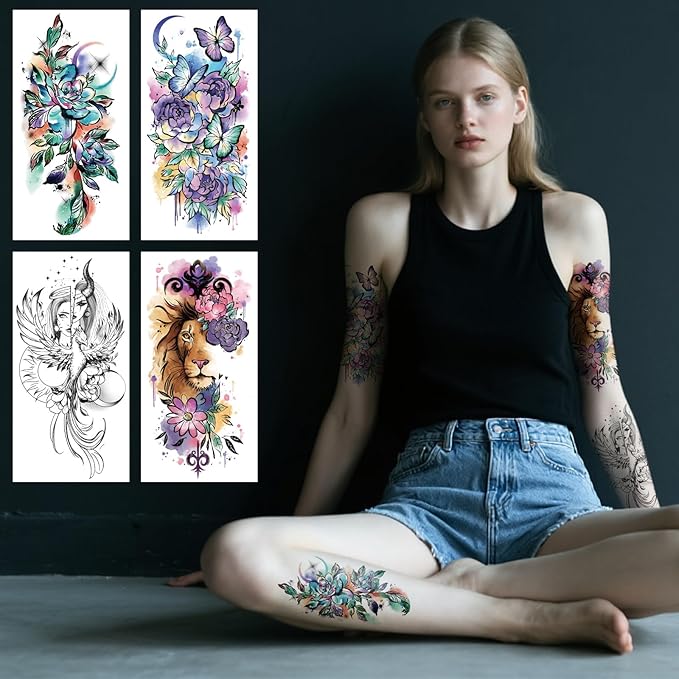 77 Sheets Lion Flower Owl Temporary Tattoo for Women Men, 17 Sheets Half Arm Nature Animal Large Fake Tattoos, 60 Sheets Butterfly Clock Tiny for Adult Kids Christmas Body Tattoos Stickers Realistic