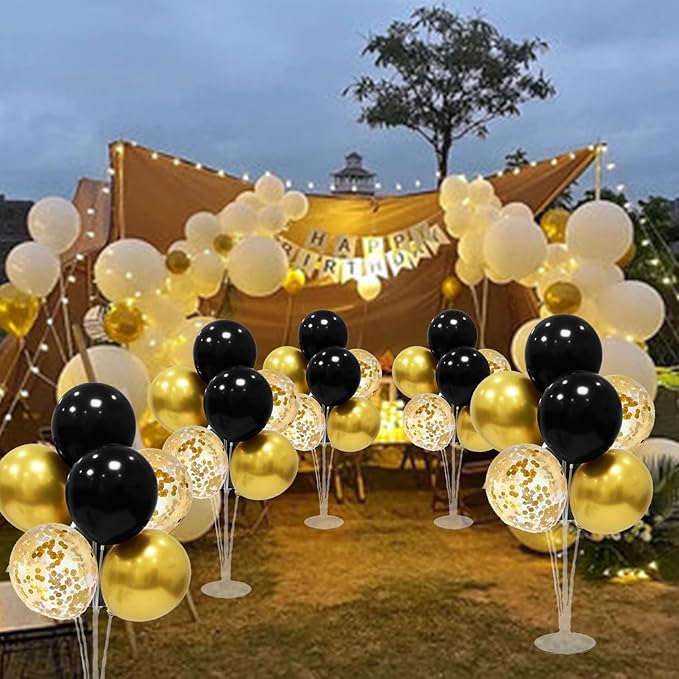 6 Set Balloon Stand with Balloons, Black and Gold Party Decorations, Birthday Graduation Retirement Father's Day Halloween New Years Decorations 2025