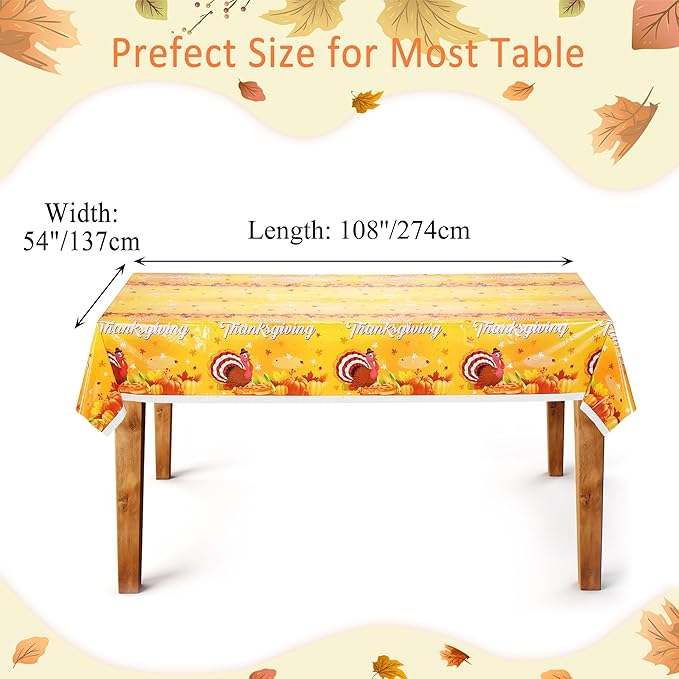 Mornajina 4 Packs 108 x 54 Inch Thanksgiving Fall Tablecloth - Plastic Autumn Maple Leave Pumpkin Table Cover for Party Decoration