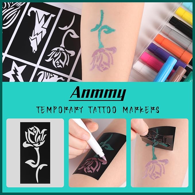 Temporary Tattoo Metallic Markers for Skin,16-Count Body Markers+77 Large Tattoo Stencils of Assorted Colors for kids and Adults,Flexible Brush Tip, Bright colors, Skin-Safe*,Cosmetic-Grade.