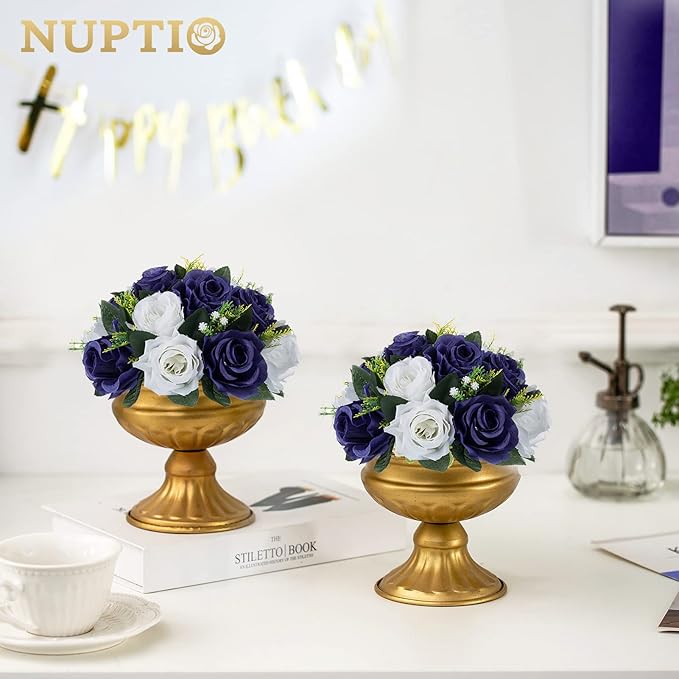 NUPTIO Artificial Flower Centrepieces for Tables - 2 Pcs 9.5in Diameter Navy Blue & White Fake Flowers Roses Balls - Silk Faux Rose Arrangement for Wedding Party Centerpiece Table Decorations