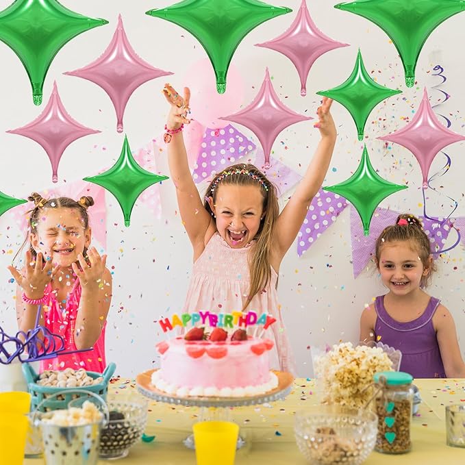 Pink Green Balloons,12Pcs Four Angle Star Foil Balloons,26Inch and 10Inch Pink Green Quadrangle Star Helium Polyester Film Balloon for Witch Birthday Anniversary Party Decorations