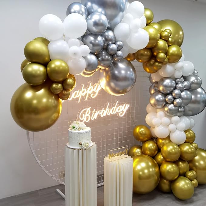 127pcs Silver Gold White Latex Balloons Garland Arch Kit 18in 12in 10in 5in for Birthday Baby Shower Wedding Graduation Party Decors (Silver Gold White)