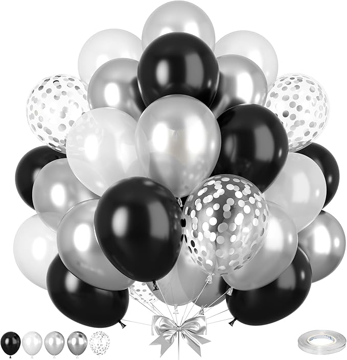 Black and Silver Balloons, Black White Balloons, Pearl Silver White Balloon Confetti Balloon for Birthday Party Baby Shower Gender Reveal Wedding Anniversary Graduation Decor