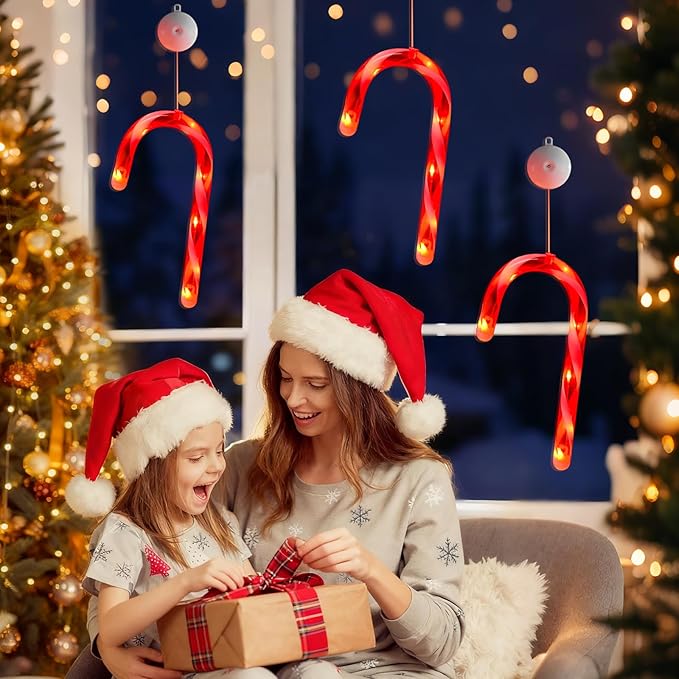 3 Pack Christmas Window Lights Decorations with Timer,Battery Powered Red Lighted Candy Cane LED String Sucker for Xmas 2026 Hanging Fireplace Window Indoor Decor