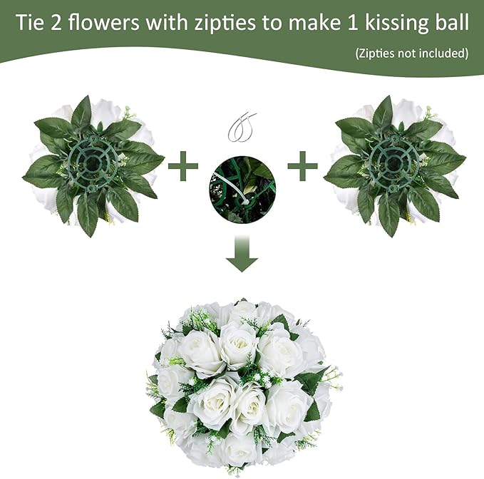 10Pcs Artificial Flower Ball Arrangement, 9.5" 15 Heads Wedding Roses Bouquet with Base Suitable for Parties Valentine's Day Wedding Centerpieces Flower Rack and Home Decor (White)