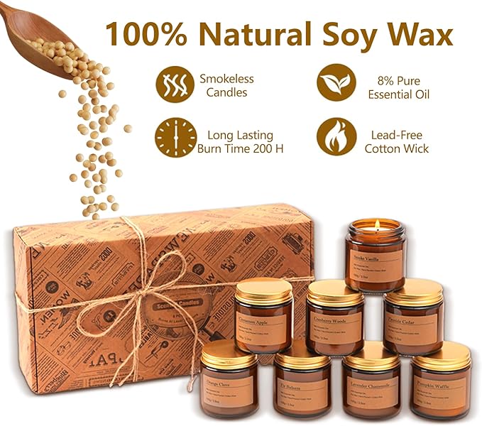Holiday Candle Gift Set – 8 Pack Vintage Amber Glass Jar Candles,Winter Scents for Home,Christmas Gift for Women,Aromatherapy Soy Wax Candles,Cozy Home Décor,Premium Box