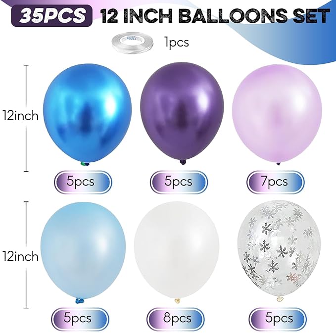 Blue Purple Snowflake Balloons Set, 12 Inch Metallic Blue Purple Balloon Snowflake Confetti Latex Balloons Metallic Silver Girls Birthday Party Decoration for Children Winter Birthday Party Supplies
