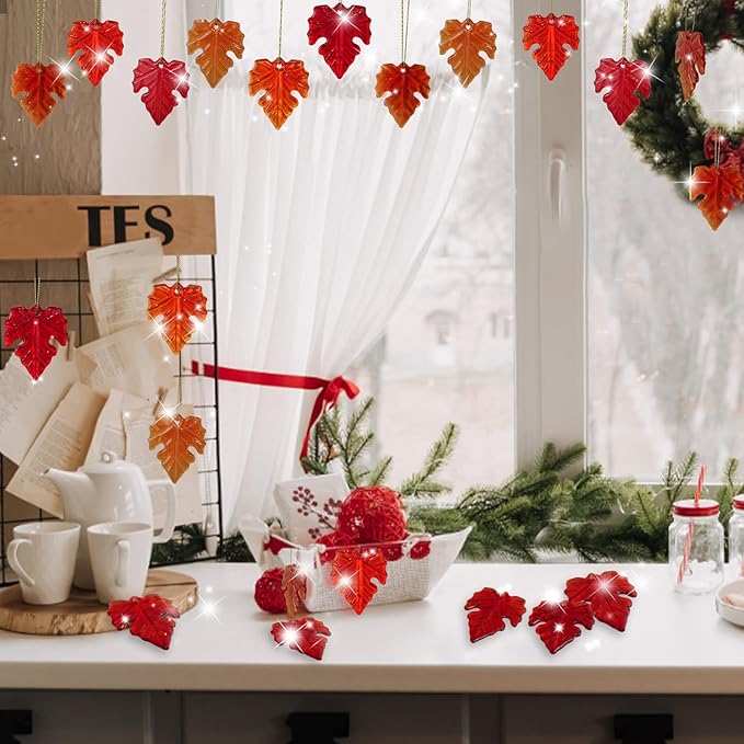 12Pcs Fall Thanksgiving Glass Maple Leaf Ornaments Small Tree Hanging Glass Ornament for Thanksgiving Party Hanging Decor Tree Decor Autumn Fall Harvest Farmhouse Home Decorations