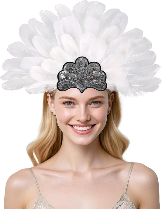Women's Carnival Feather Headpieces Sequin Headdress for Wedding Masquerade Party Cosplay Feather Headbands