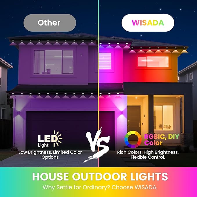 Permanent Outdoor Lights for House, 100 FT RGBIC all year house lights outdoor with Splitter & Bluetooth Remote, DIY via App for Music Sync, IP67 Waterproof Expandable LED Lights for Eaves, Lanai.