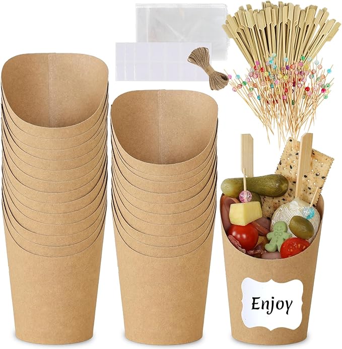 50 Pack 14oz Charcuterie Cups with Sticks and Bags, Brown Paper Charcuterie Cup, 200 Picks+50 Bags+50 Labels, Disposable Snack Cups for Parties, Weddings, Picnics, Appetizers & French Fries