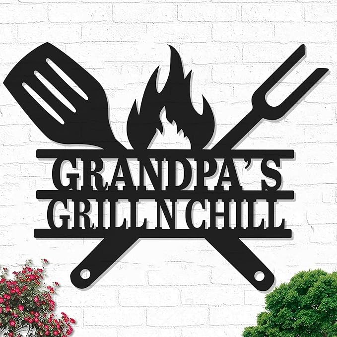 Custom BBQ Grill Name Sign – Personalized Outdoor Kitchen Metal Decor, Backyard Barbecue Wall Art, Vintage Patio Decoration, Housewarming Gift for Dad, Grandpa, Papa, Husband, Father's Day