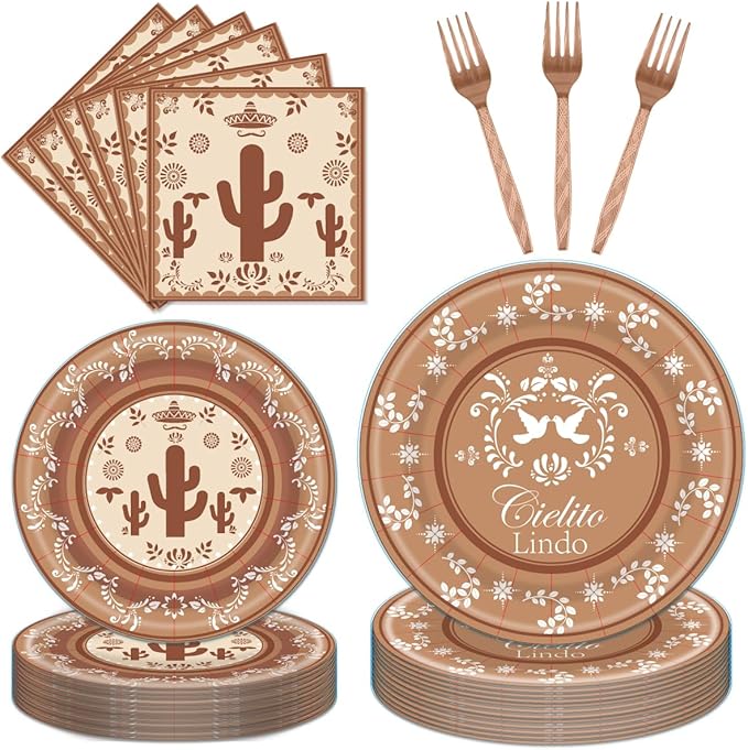 96Pcs Cielito Lindo Party Decorations Disposable Tableware Set - Cielito Lindo Paper Plates Napkins Forks Mexican Cinco de Mayo Fiesta Baby Shower Birthday Party Supplies Serve 24 Guests