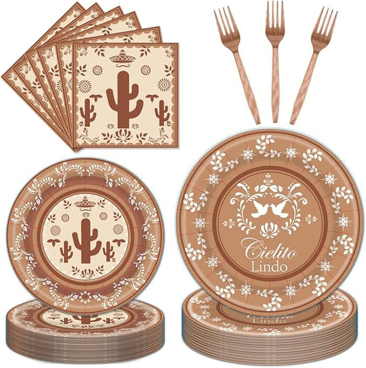 96Pcs Cielito Lindo Party Decorations Disposable Tableware Set - Cielito Lindo Paper Plates Napkins Forks Mexican Cinco de Mayo Fiesta Baby Shower Birthday Party Supplies Serve 24 Guests