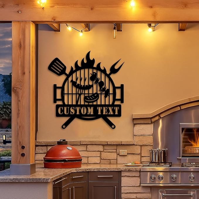 Custom BBQ Grill Metal Sign, Personalized Barbecue Plaque with Fire and Utensils Design, Outdoor Patio Yard Wall Art, Rustic Grill and Smoker Decor, Gift Idea for Birthday, Christmas, Holiday BBQ