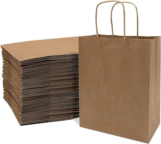 Prime Line Packaging Brown Paper Bags with Handles, Kraft Gift Bags for Small Business, Shopping, Retail Store, Boutique, Merchandise, Bulk, 8x4x10, 100 Pack