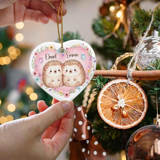 Just Married Engaged Ceramic Ornament Christmas, Personalized Hedgehog Couple with Flower Ornament Xmas, Hedgehogs Keepsake Gift for Newly Couple, Custom Names Hedgehog 1St Xmas Together Ornaments
