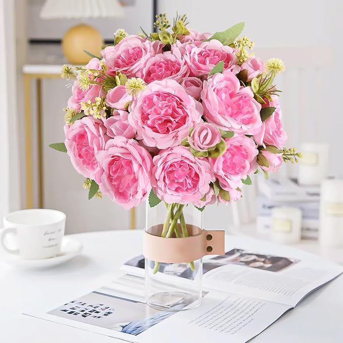 Artificial Peonies Silk Flowers Bouquets: Faux Peony Bouquet 8 Bundles, Fake Peonies Flowers Bulk for Centerpiece Table Wedding Party Home Decor for Vase Decoration (Pink)