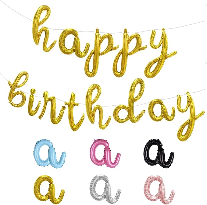 BALLOON VIBE Happy Birthday Balloon Banner - Script/Cursive Gold Mylar Foil Letters Banner for Birthday Decor - Balloons Letters Sign with 4 Straws & Ribbon Roll