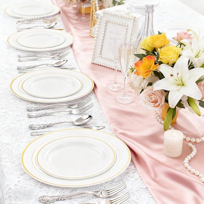 MENDENG 50PCS Gold Rim Plastic Plates for Party, 25x10.25 Dinner Plates & 25x7.5 Dessert Plates, Heavy Duty Disposable Plastic Plates for Wedding Party Thanksgiving Birthday