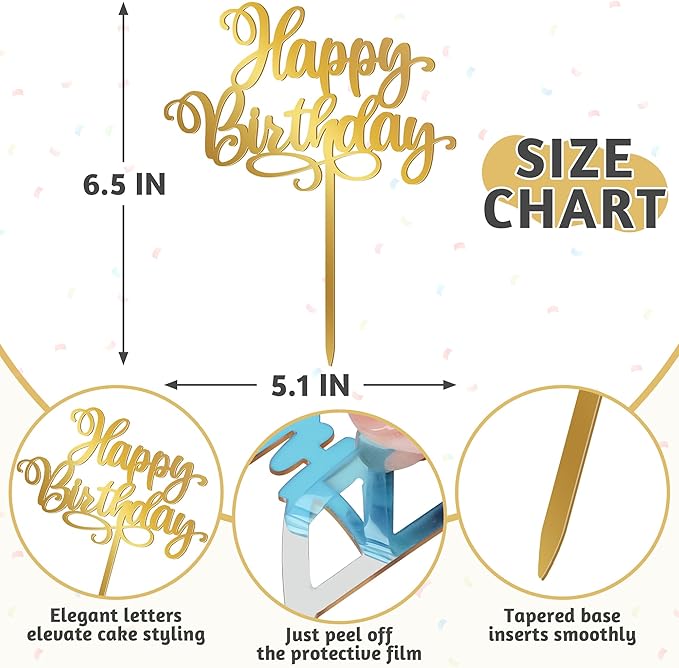 1PCS Gold Happy Birthday Cake Topper, 5.1 x 6.5 Inches Mirror Acrylic Signs Birthday Cake Decorations, Birthday Cake Toppers for Baby Shower, Gender Reveal Cake Decorations, Dessert Parties