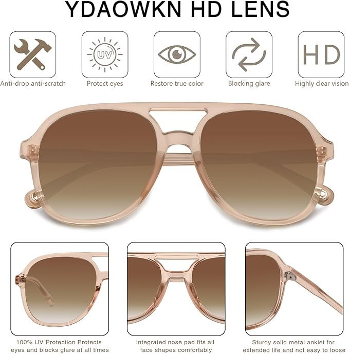 YDAOWKN Retro Square Aviator Sunglasses for Womens Mens Vintage 70s Double Bridge Sun Glasses