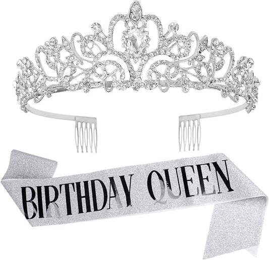 VELSCRUN Tiara for Women Silver, Happy Birthday Queen Tiara, Crown for Girls with Birthday Girl Sash, Crowns for Women with Rhinestone
