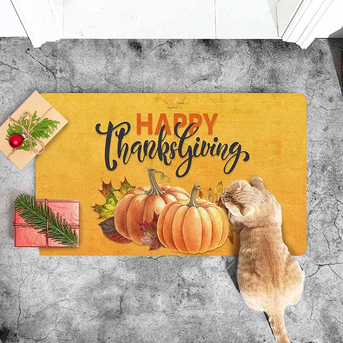 InterestPrint Happy Thanksgiving Doormat Orange Pumpkin Welcome Doormat Farmhouse Floor Mat Non-Slip Entrance Hello Rug Door Rugs for Indoor Outdoor Home Decor