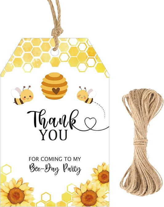 G2PLUS 50Pcs Bee Thank You Tags, Thank You for Coming Tags for Gender Reveal, White Paper Sunflower Bee Gift Tag with String for Baby Shower, 1st Birthday, Wedding Bridal Shower Party Favors