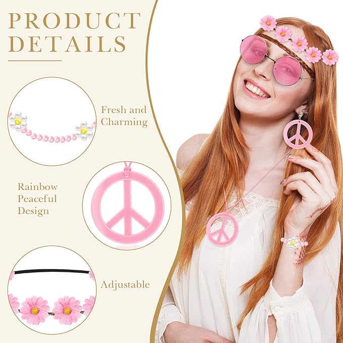 Batiyeer 6 Pcs Hippie Costume Accessories Set, Boho Peace Sign Daisy Flower 60s 70s Party Favors Decor for Groovy Party Women(Pink)