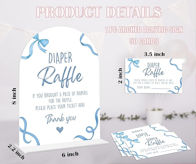 Baby Shower Games - Blue Bow Diaper Raffle, 1 Arch Acrylic Sign and 50 Diaper Raffle Tickets, Gender Reveal Game, Blue Baby Shower Decoration Supplies (PE02)
