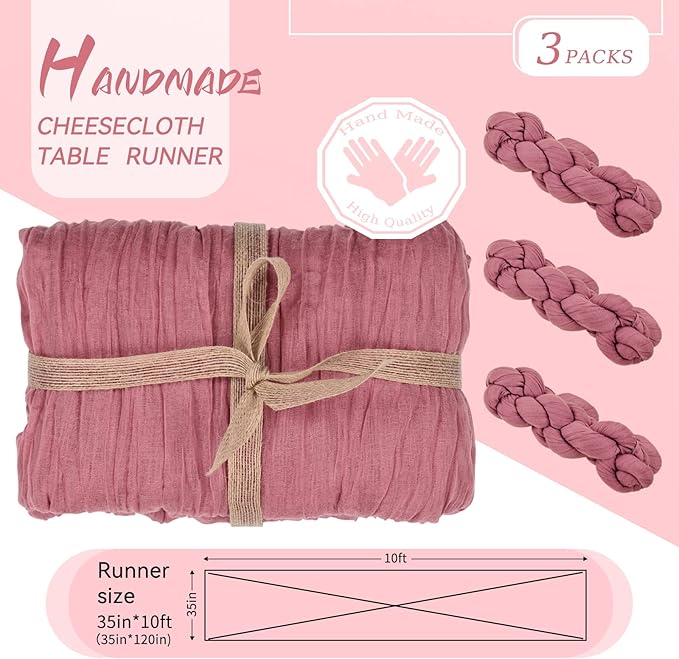 3 Packs Dusty Rose Cheesecloth Table Runner, 10Ft x 35" Rustic Gauze Boho Wedding Table Runner Decoration, Wedding Table Decor Table Cloth for Wedding Party Bridal Shower Table