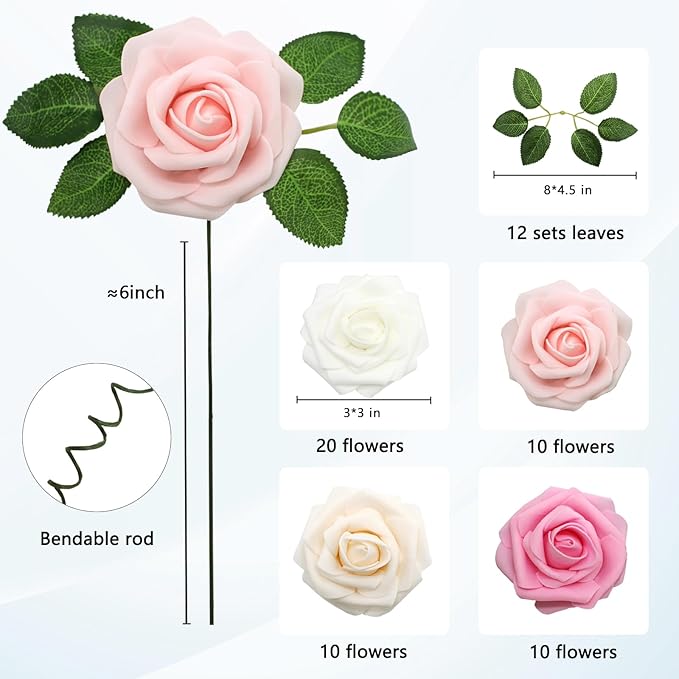JOYLEX Artificial Flowers Realistic Roses, 50pcs Real Looking Fake Roses with Stem for DIY Wedding Bouquets Centerpieces Bridal Shower Party Home Romantic Decorations Shades of Pink